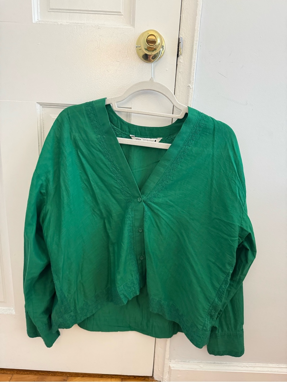 Zara Emerald Green Button-Front V-Neck Blouse